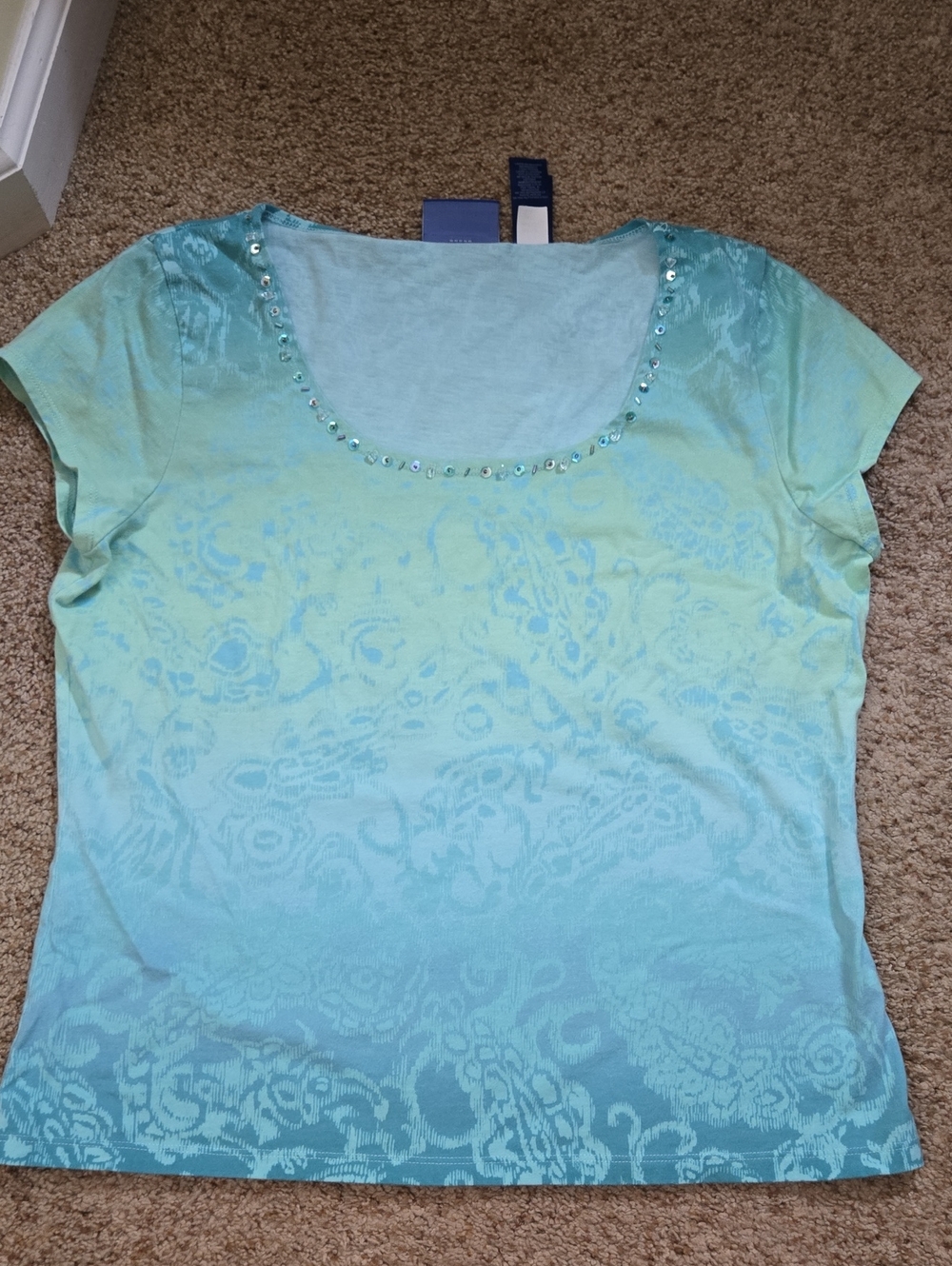 JH Collectibles Aqua-to-Teal Ombre Scoop Neck Tee with Rhinestones Size L